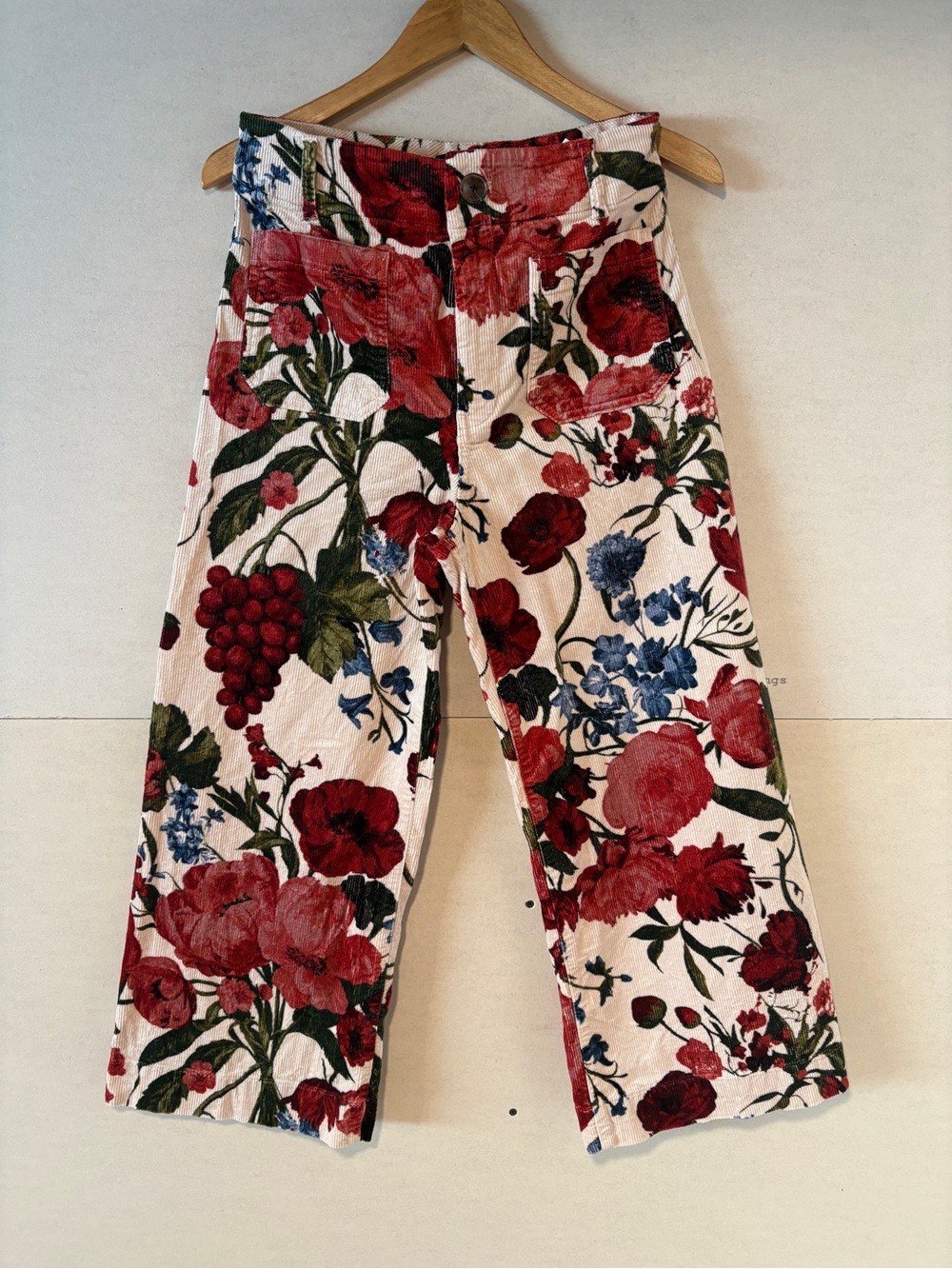 Anthropologie Floral Wide-Leg Pants in Red, Blue, Green on Cream
